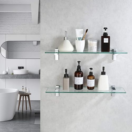 Miniatura 4 de KES Estante de vidrio para baño, estante de baño de 23.6 pulgadas con vidrio templado y soporte de cromo pulido montado en la pared, paquete de 2,