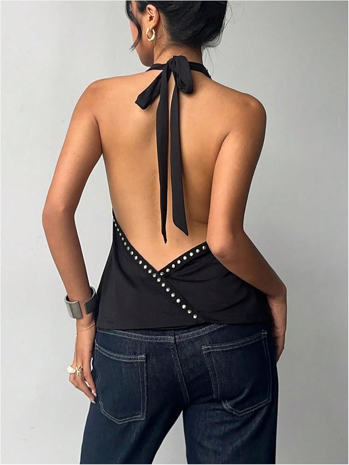 MakeMeChic Women's Halter Tops Deep V Cowl Neck Backless Rivet Summer Going Out Tank Top - Image 2