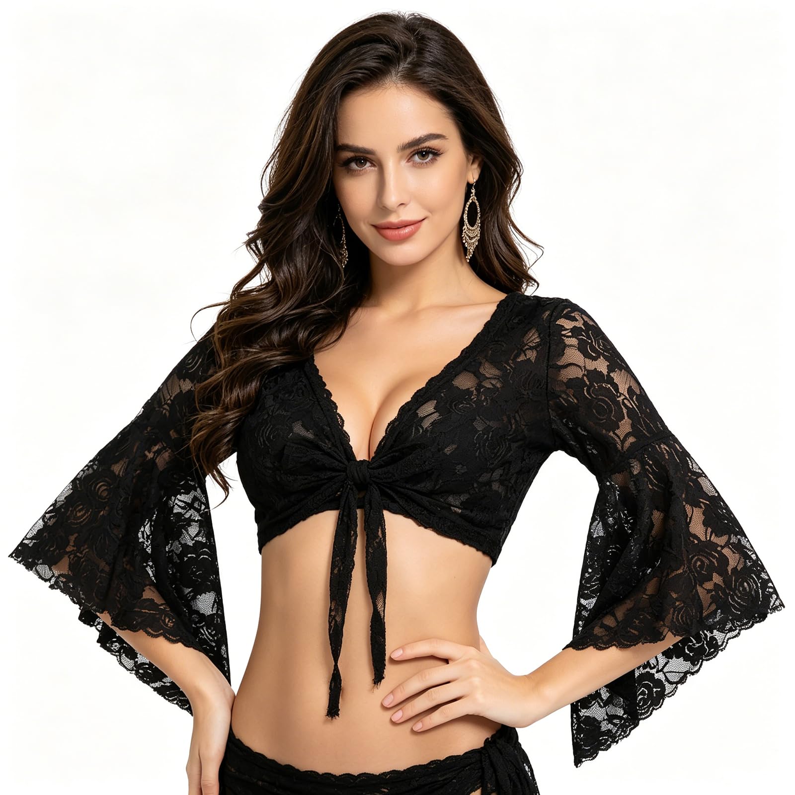Leemiman Lady's Tribal Belly Dance Costume Lace Floral Long Sleeve Wrap Top Black