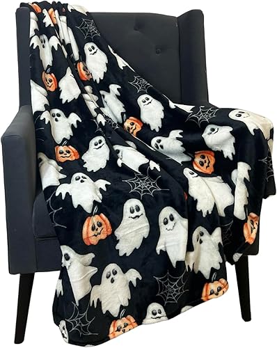 Manta de Halloween Jack O Lantern, calabazas, fantasmas blancos y telarañas en suave forro polar de terciopelo negro para sofá, sillas y cama