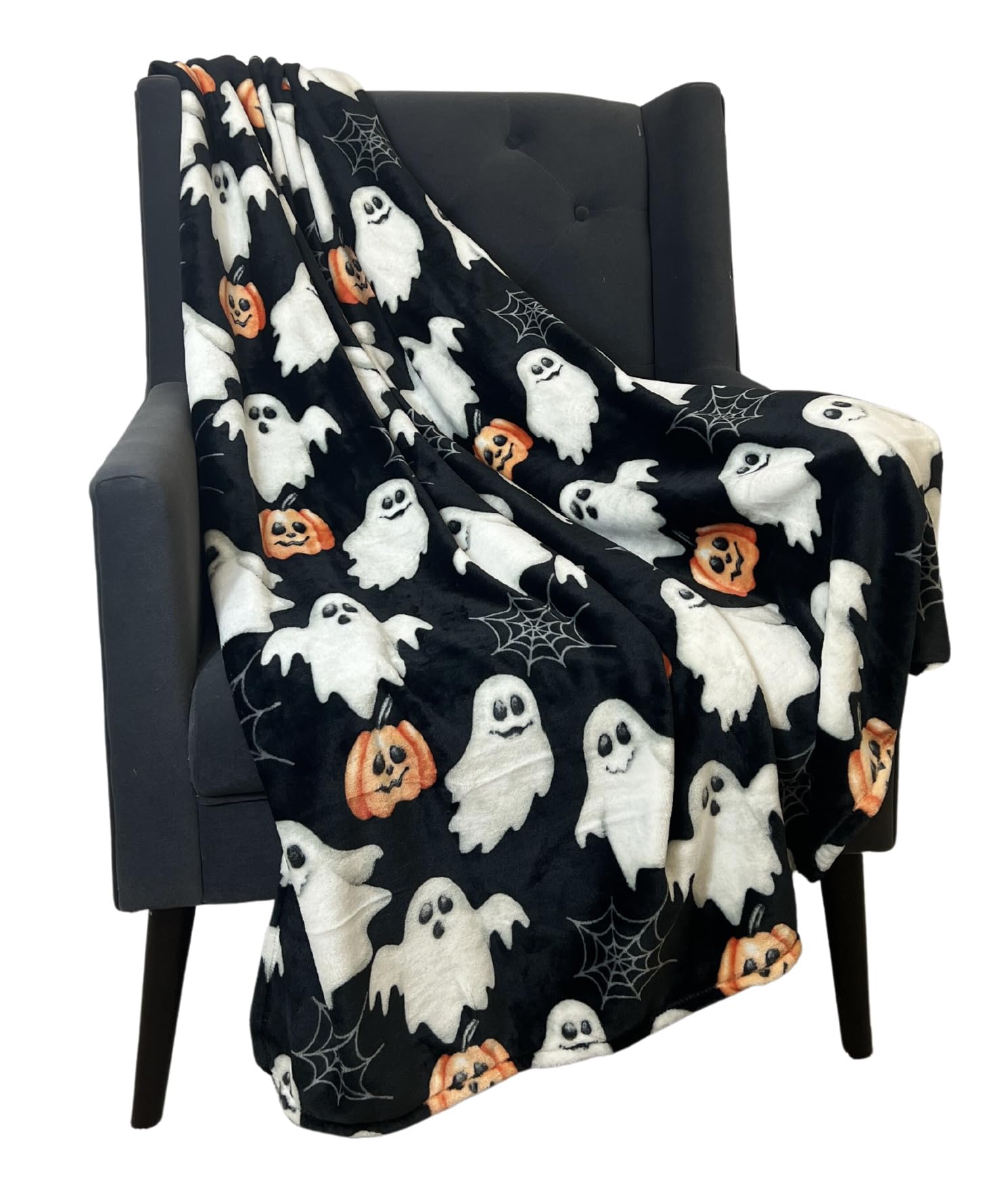 Serafina Home Halloween Throw Blanket: Jack O Lantern Pumpkins with Ghosts and Webs Design on Soft Velvet Fleece Throw Blanket