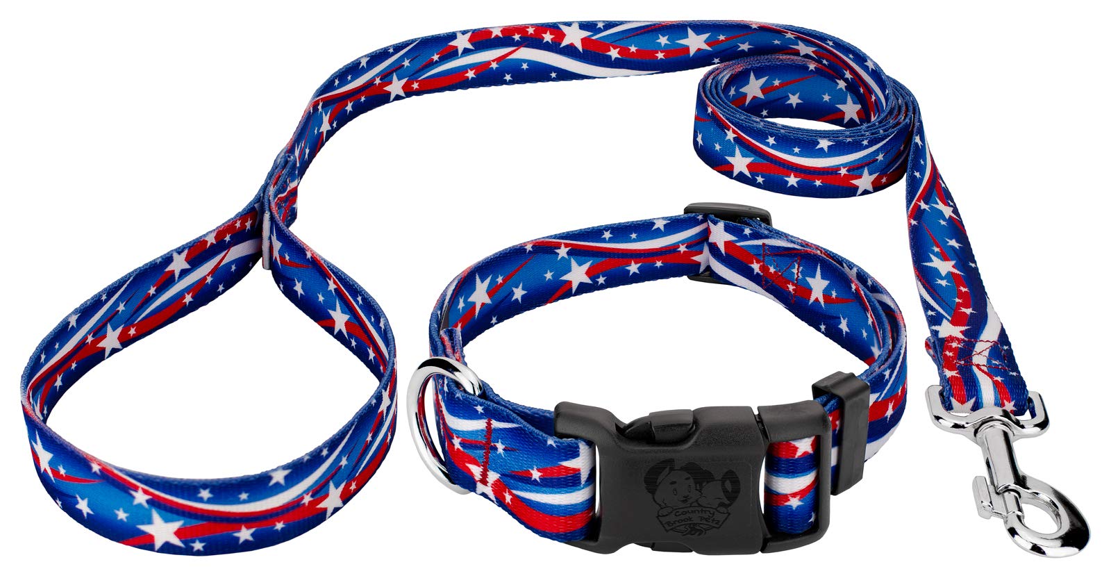 Country Brook Petz - Deluxe Star Spangled Dog Collar and Leash - Americana Collection Featuring Patriotic Designs (1/2 Inch, Extra Small)