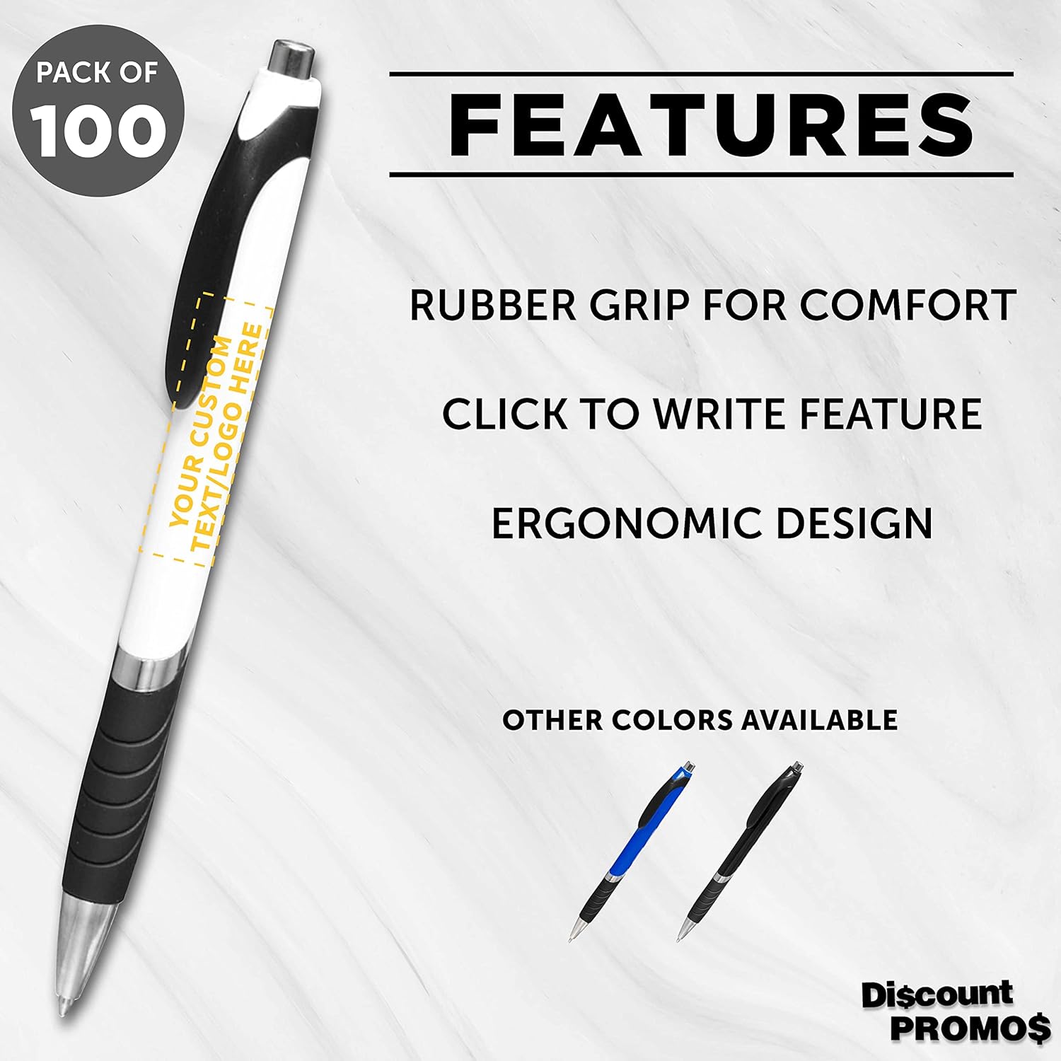 DISCOUNT PROMOS Ballpoint Pens With Rubber Grip - 100 pack - Customizable Text, Logo - Black Ink Ball Point Pen with Soft Touch Plastic - White