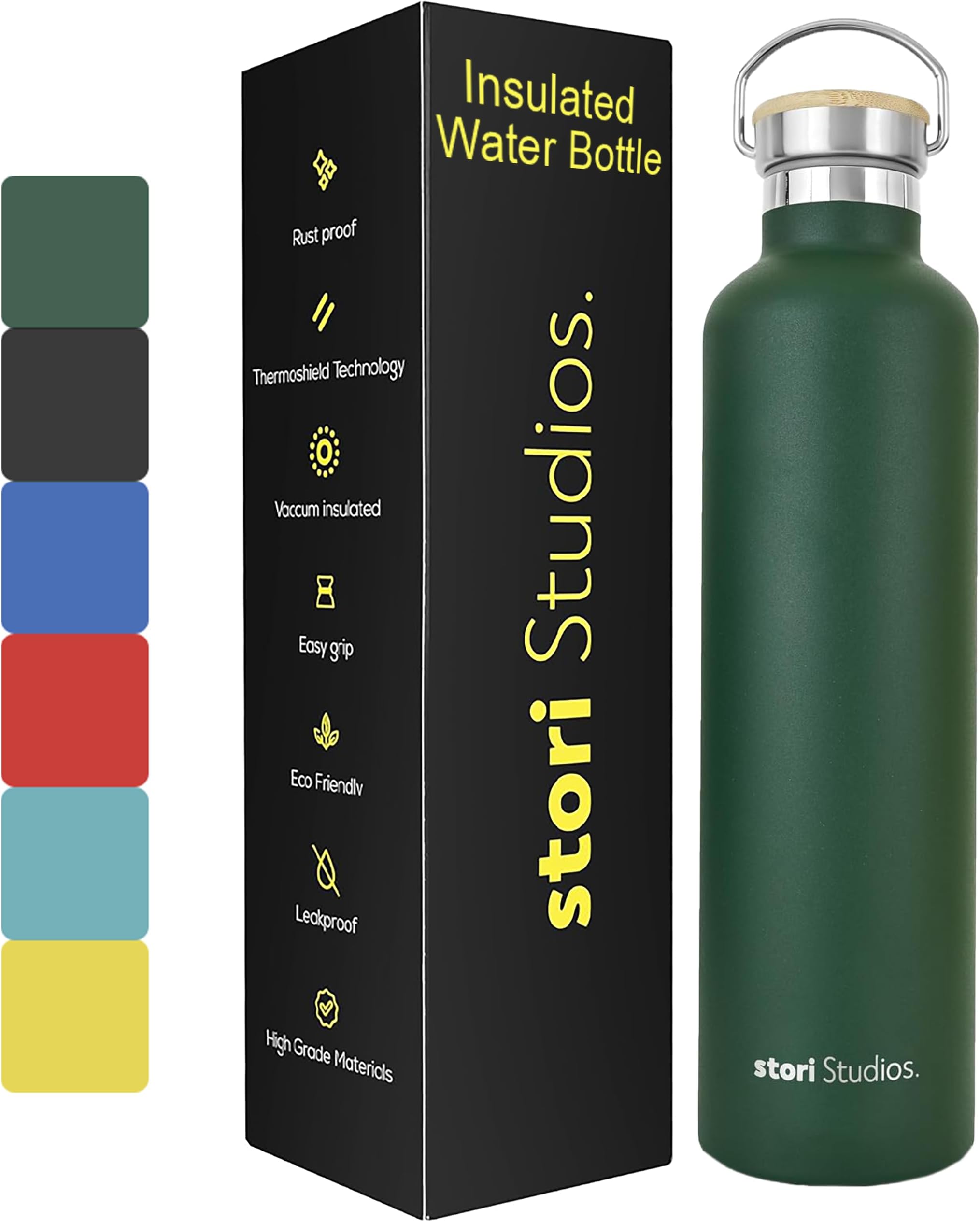 Stori Studios Vacuum Insulated Metal Water Bottle 1000ml(33oz), Stainless Steel Water Bottle, BPA Free Standard Mouth Flask, Double Wall Insulated Water Bottles For Travel, Work & Gym - Green
