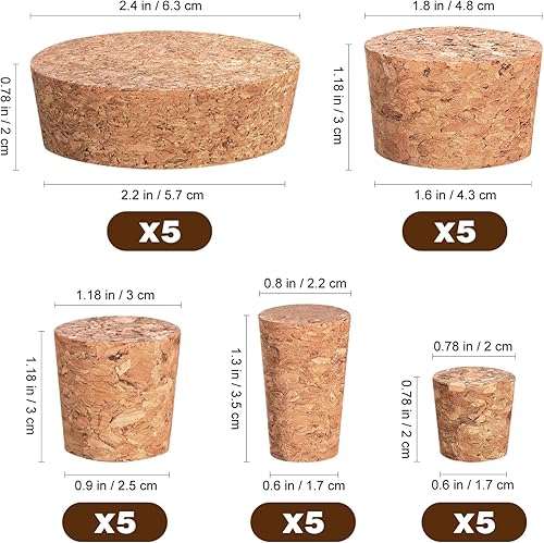 Miniatura 2 de ARTIBETTER 1 juego de 25 tapones de corcho, tapones de corcho para botellas, tapones de corcho cónicos de madera, repuesto de corchos de tamaño
