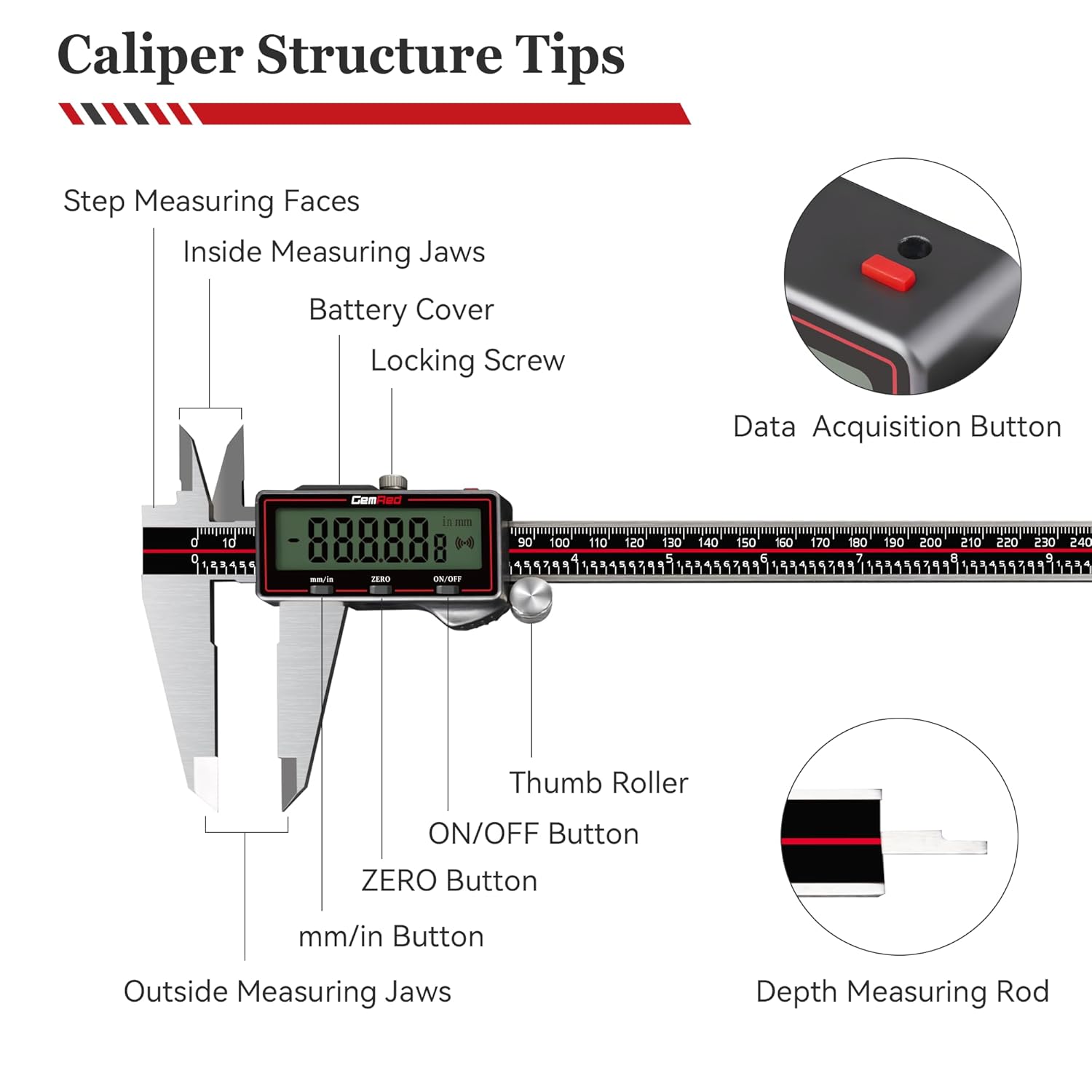 GemRed Wireless Digital Caliper, 12 inch Stainless Steel Measuring Tool with Data Output, Inch/MM Conversion, Zero Reset, Auto Off, for DlY, Woodworking, Household