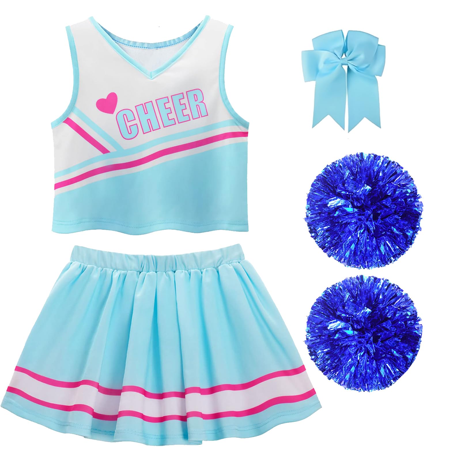 Déguisement Pompom Girl Costume Cheerleader Fille avec Pompons et Chaussettes Barrette Nœud Uniforme de Pompom Girl pour Carnaval Halloween Fêtes