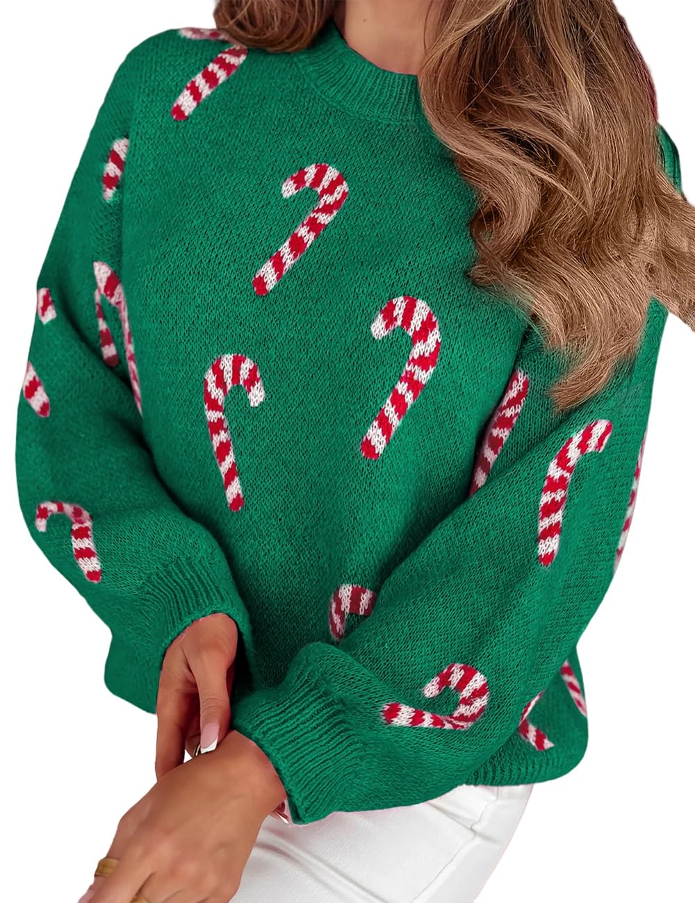 Ecosunny Women Christmas Sweater Candy Cane Long Sleeve Round Neck Casual Xmas Knitted Top 2025 Holiday Graphic Pullover