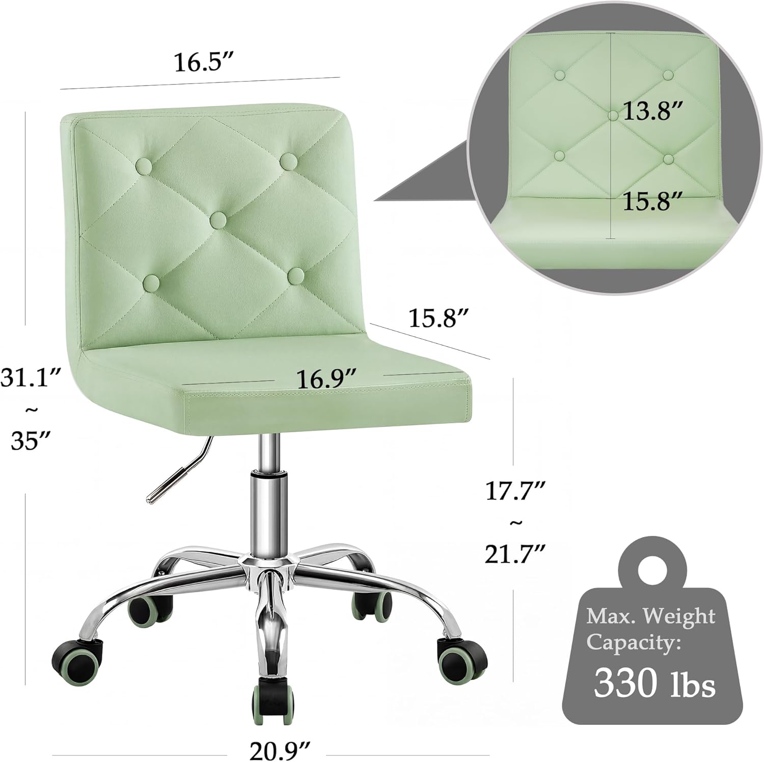 VECELO PU Leather Mid-Back Armless Vanity Chair Adjustable Height 360° Rolling Swivel for Home Office Work