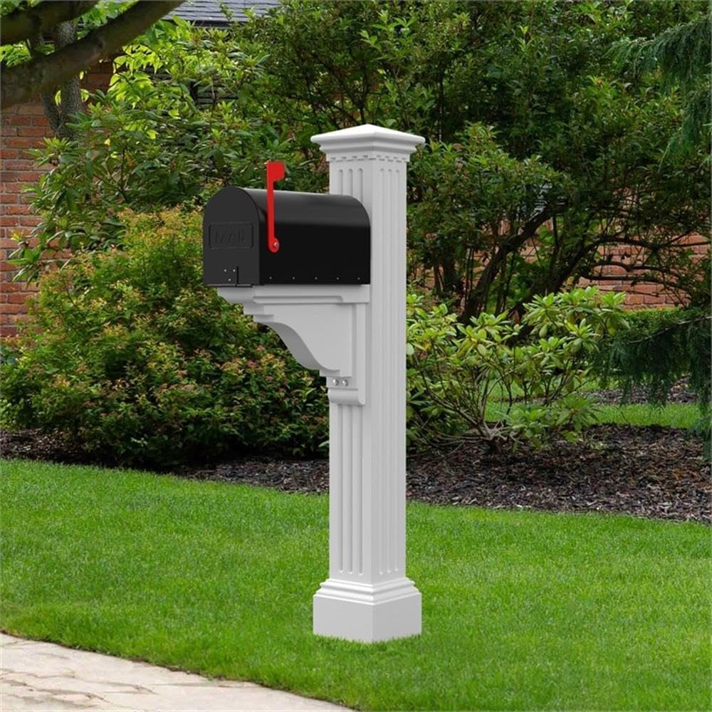 Pemberly Row Weatherproof Plastic Mail Post, 58" H x 9" W x 26" D, White Finish, Fluted Design, UV-Resistant Polyethylene Resin, Holds Up to 16 lb Mailbox, Traditional Style for Residential or