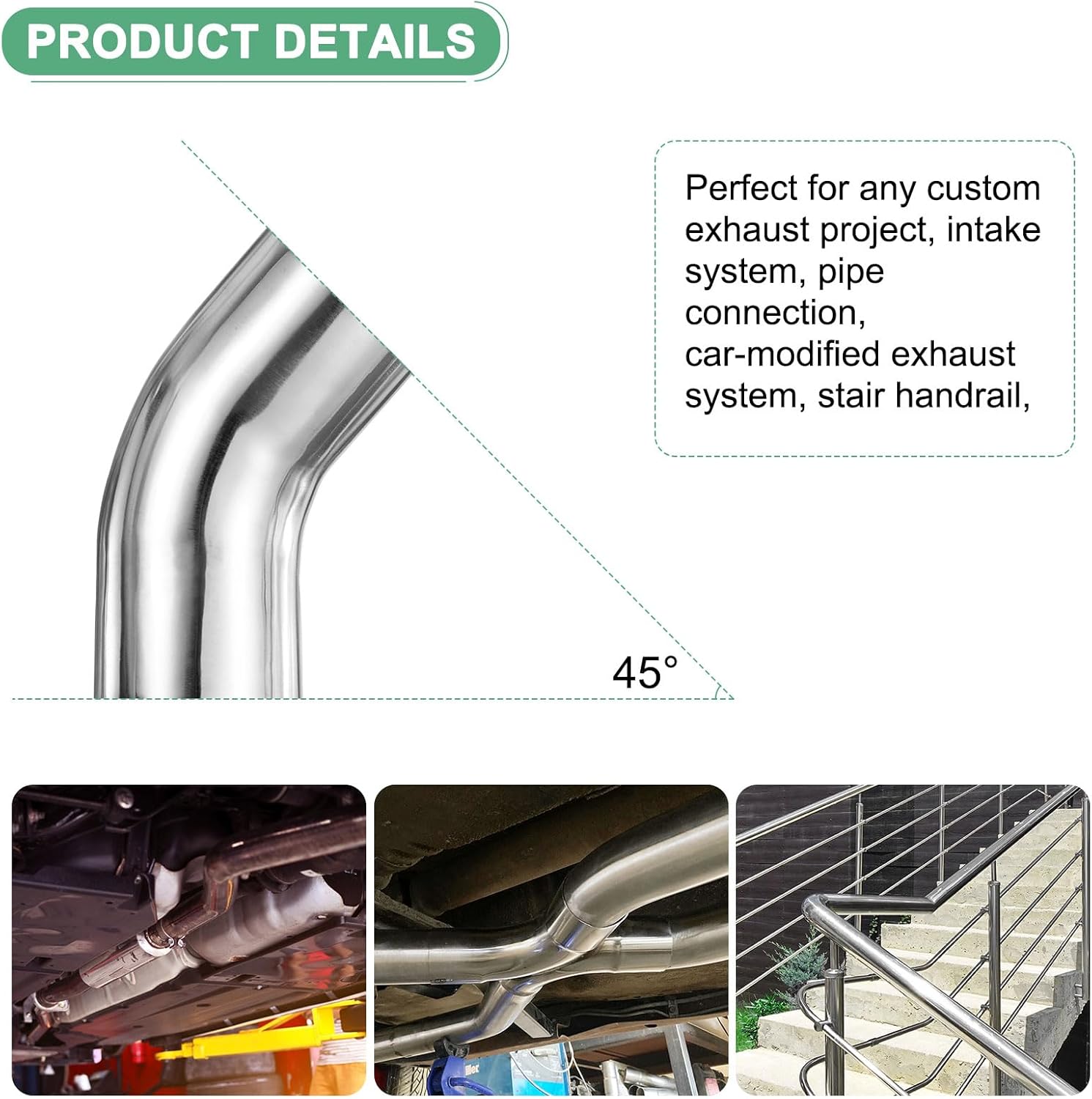 M METERXITY OD 3 Inch 45 Degree Mandrel Bend Elbow, Thicken 2 mm 304 Stainless Steel Exhaust Elbow Pipe for Car Modified Exhaust System, Stair Handrail Bend, Height 175 mm