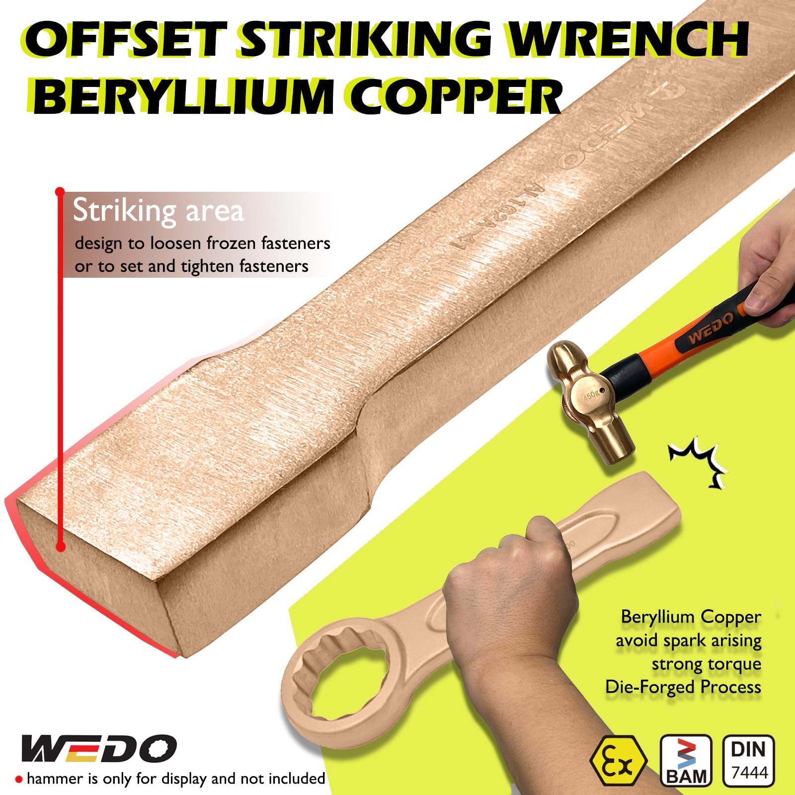 WEDO Non-Sparking Striking Box Wrench,34mm Box End Striking Ring Wrench,Length 200mm,Spark-Free Safety Spanner,Beryllium Copper,Non-Magnetic,Corrosion-Resistance,DIN 7444 - Image 4