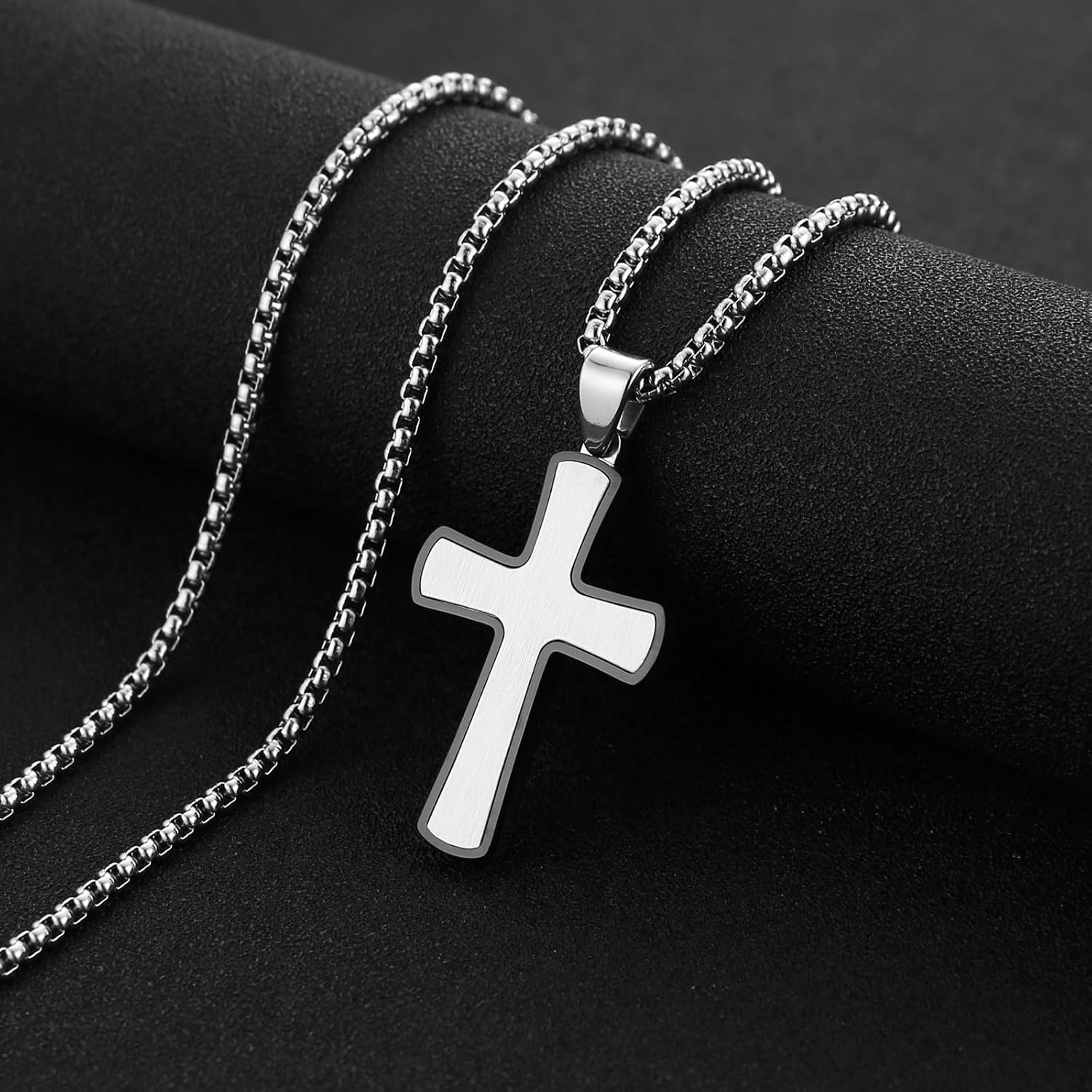 HZMAN Cross Necklace for Men Silver Black Gold Stainless Steel Simple Cross Pendant 22+2In Box Chain - Image 4