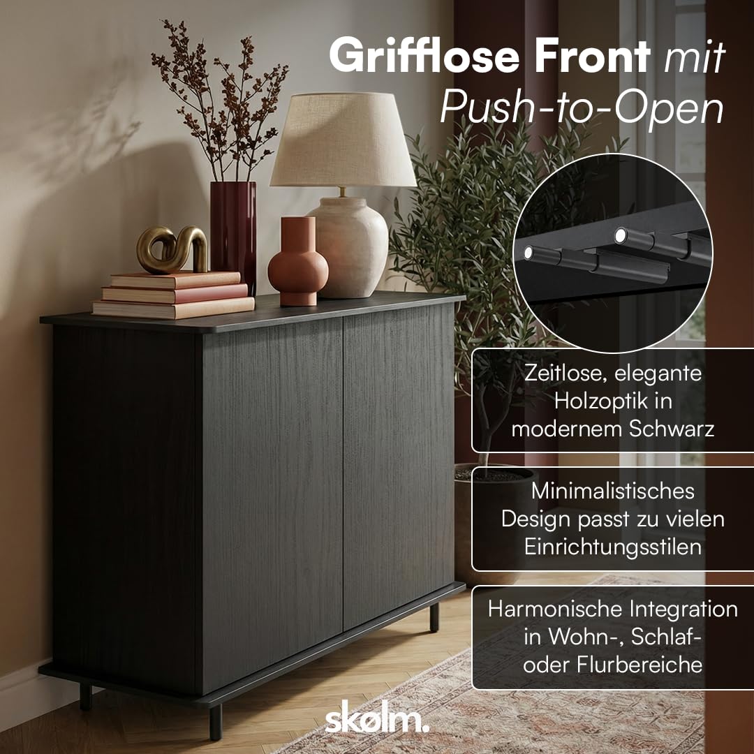 skølm Grani Kommode Schwarz, 5 Fächer, Push-to-Open, höhenverstellbare Füße