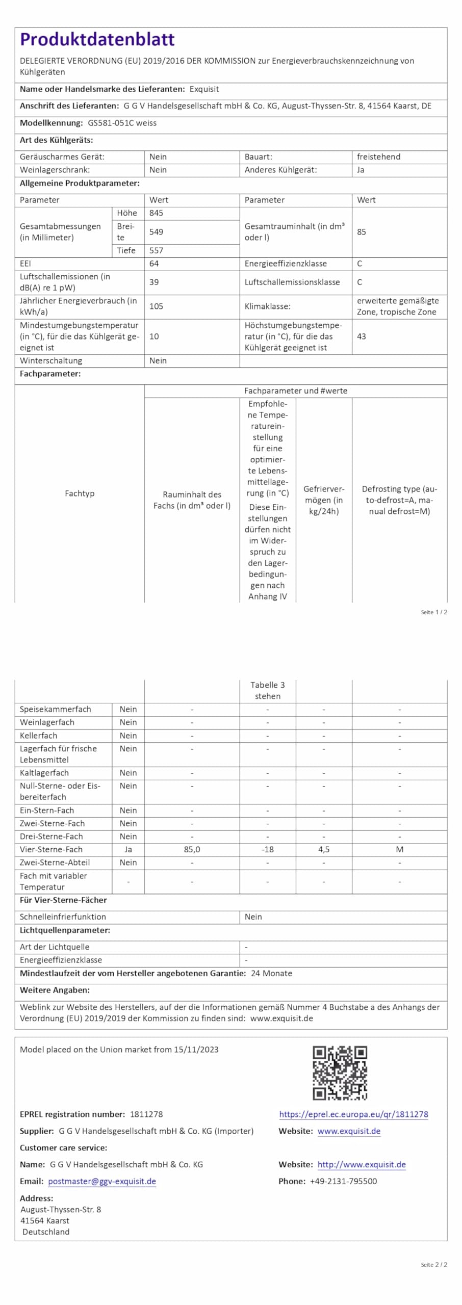 Exquisit GS581-051C Gefrierschrank 85 l Nutzinhalt Weiß Energieklasse Freistehender Tiefkühlschrank 4-Sterne-Gefrierfach 39 dB 84,5 x 54,9 x 55,7 cm