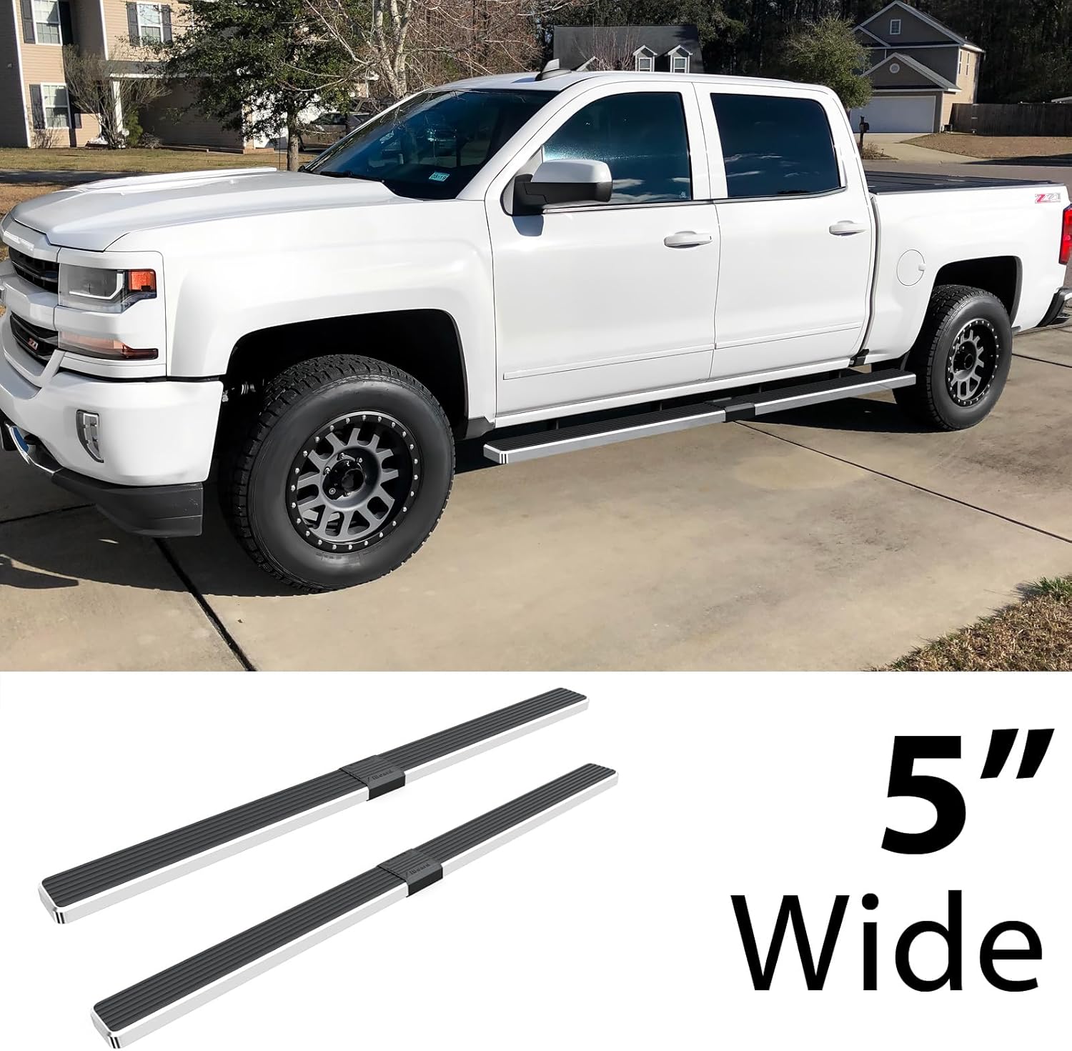 Wheel-to-Wheel HD Ridez Bar Steel Compatible with Chevy Silverado GMC Sierra 1500 2007-2018 Crew Cab 5.5ft Short Bed & 2500 HD 3500 HD 2019 (Exclude 07 Classic) (Nerf Bar Side Steps)