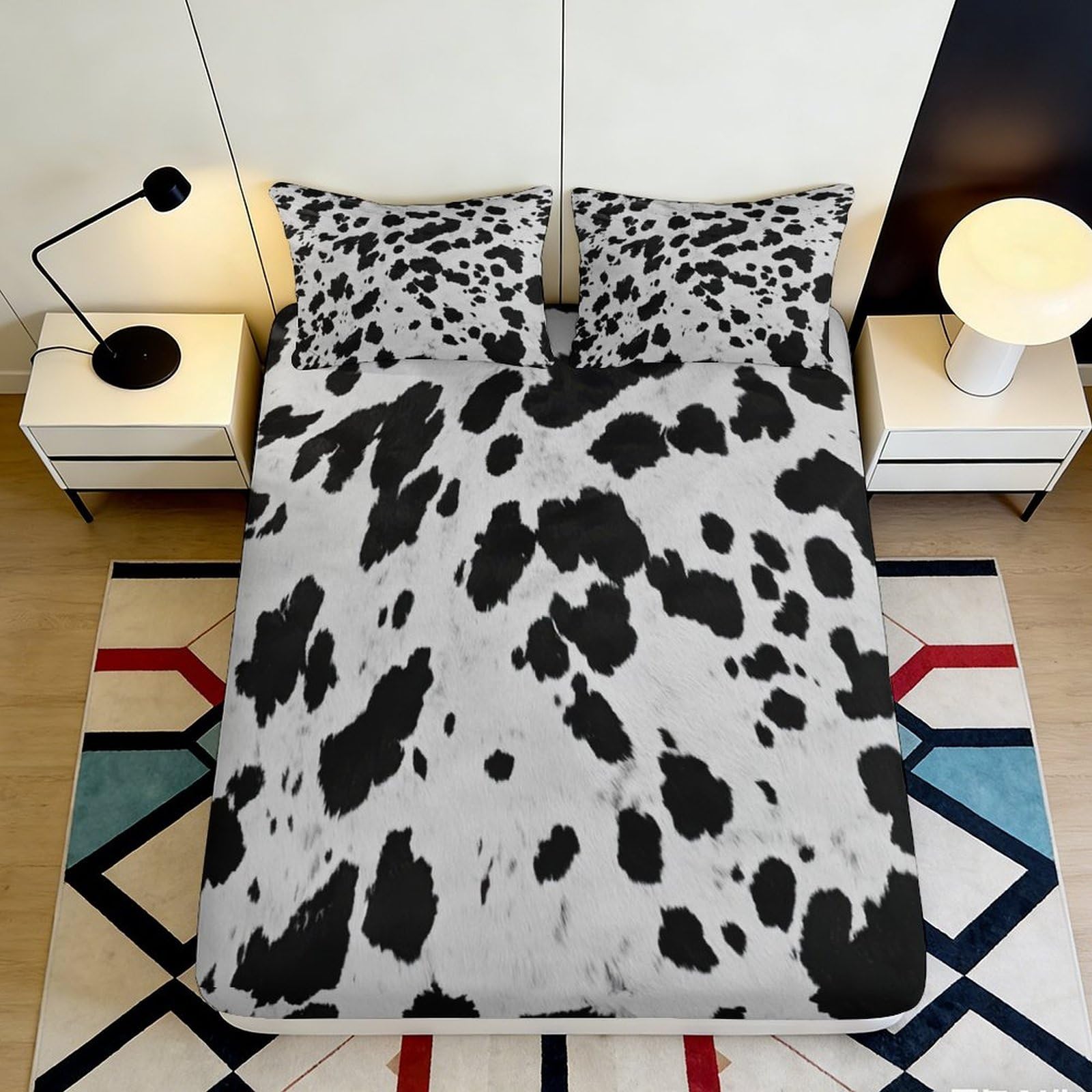 3D Printed Cow Spots Fitted Sheet Microfiber Soft Anti-Slip Dalmatian Mattress Cover for Bedroom Dorm Decor 120x200cm 120x200x25cm