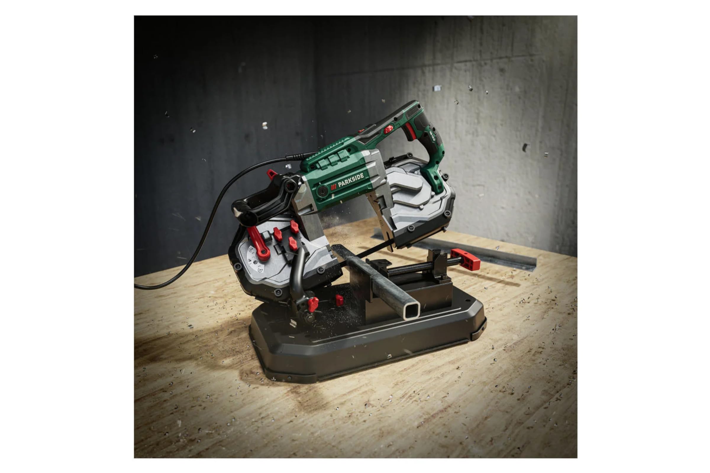 Sega a nastro in metallo PARKSIDE®, sega a nastro per troncare, 1100W, luce LED, sega fissa o manuale, durevole