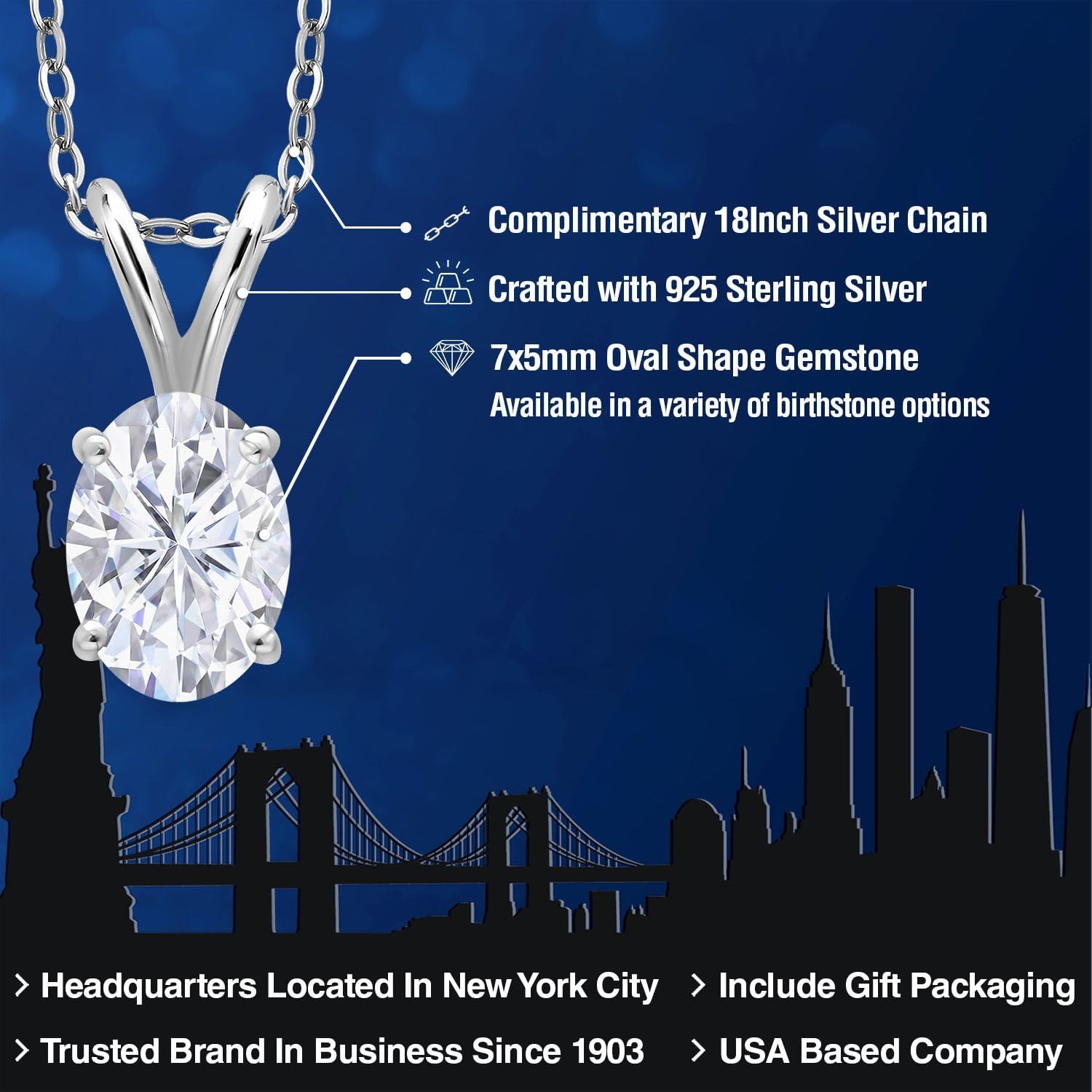 Gem Stone King 925 Sterling Silver Gemstone Birthstone Pendant Necklace for Women | Oval 7X5MM | With 18 Inch Chain | Fine Jewelry Gifts for Women Mom Wife Her