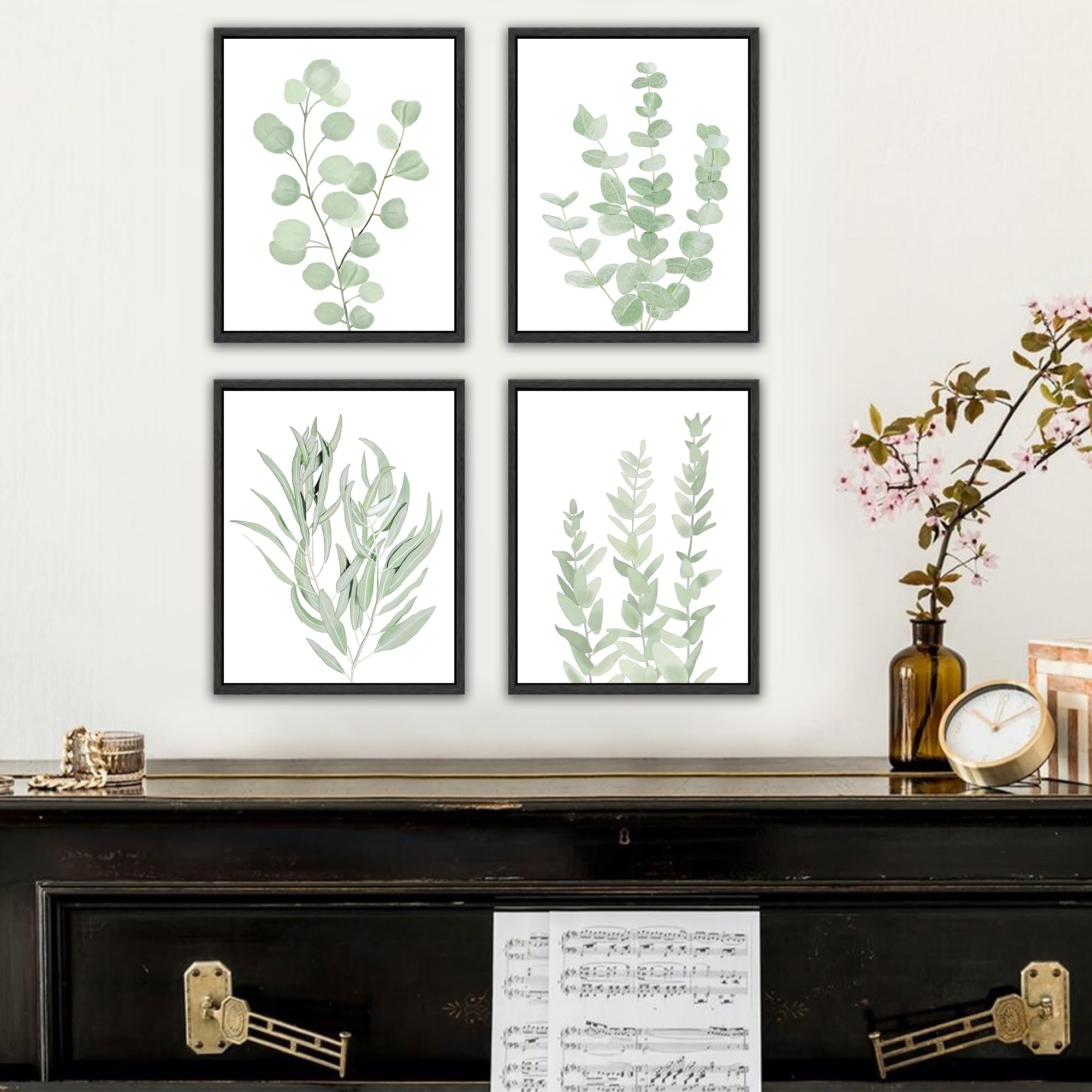 Drsoum Framed Botanical Plant Canvas Wood Wall Art Light Green Sage Wall Decor Eucalyptus Leaf Picture for Home 8�x 10� x 4pcs Black Framed