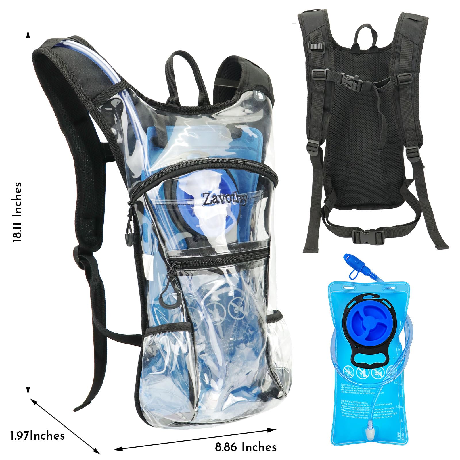 Zavothy Transparenter Rave Trinkrucksack - Trinkrucksack - Hydropack mit 3L Blase - Wasserrucksack für Festivals, Wandern, Laufen, Radfahren und mehr