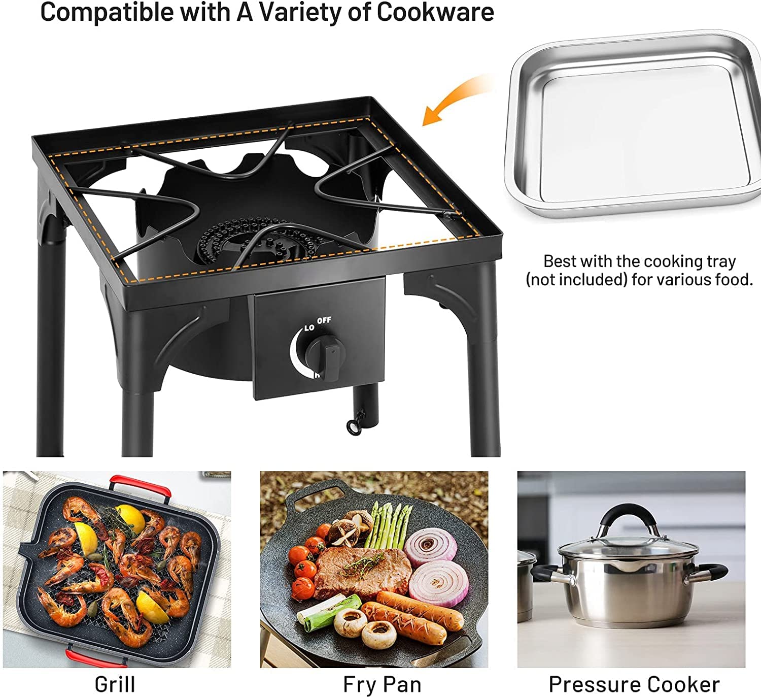 NP11385DK HAPPYGRILL 2-Burner Propane Camping Stove Portable Gas Grill  Cooker With Removable Leg Stand Roast Grill Dual Control Knobs Wind