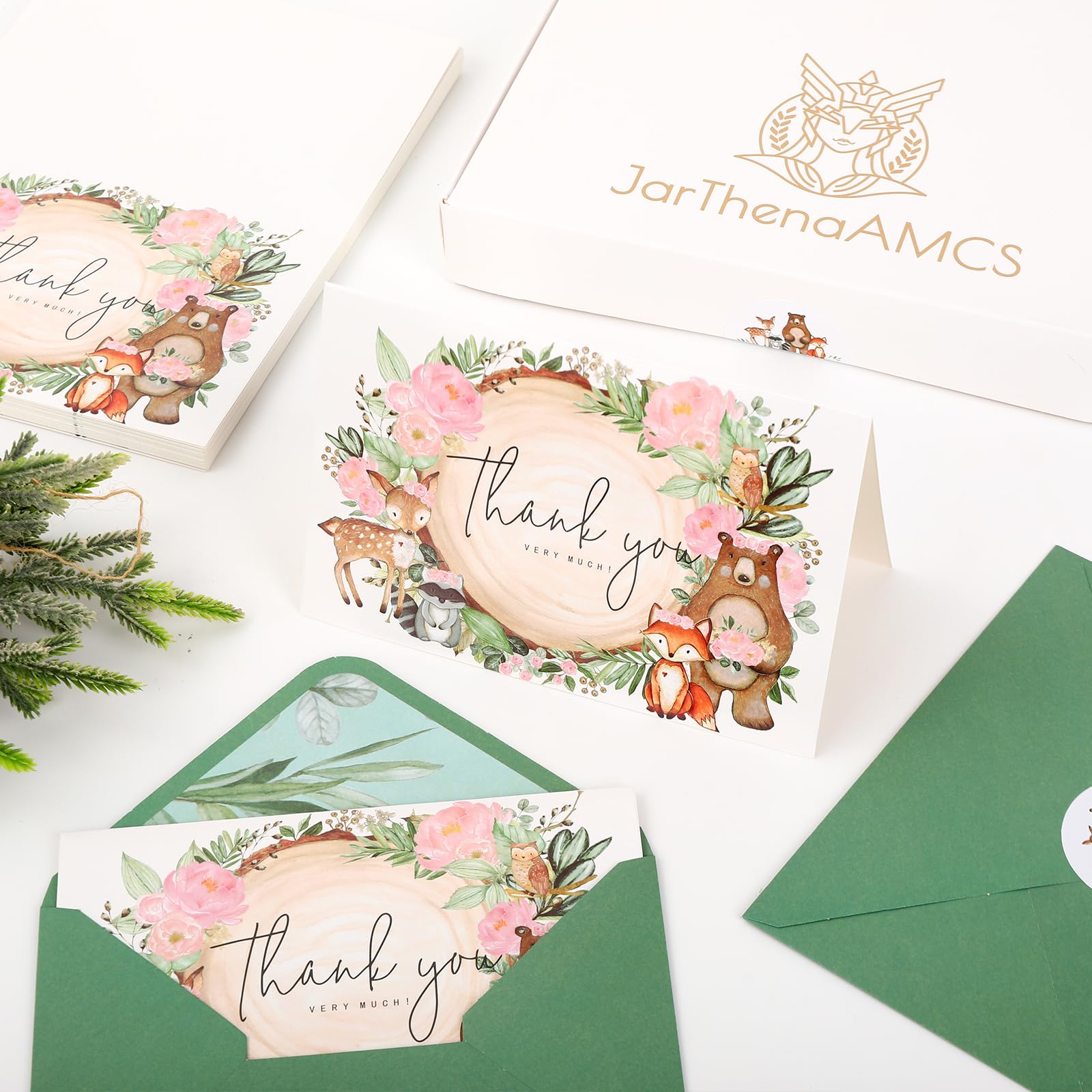 JarThenaAMCS Paquete de 50 tarjetas de agradecimiento del bosque en caja, tarjetas de felicitación de animales del bosque con sobres, calcomanías en blanco, tarjetas de notas en blanco para baby
