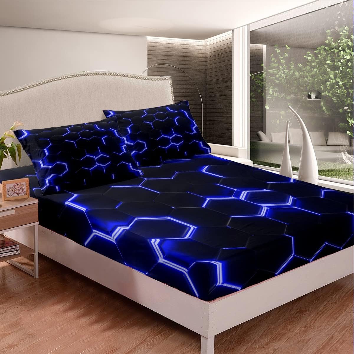 Feelyou Blue and Black Print Bedding Fitted Sheet Hexagonal Bedding Bed Cover Kids Boys Teens Honeycomb Decor Bed Sheet Set Beehive Simplistic Geometric Bed Cover Bedroom Collection 3Pcs Full Size