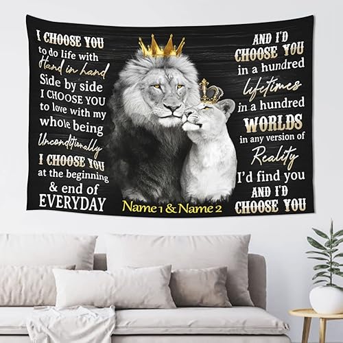 Tapiz de rey león y reina con corona, con nombre personalizado, citas románticas en blanco y negro, con texto en inglés "I Choose You", tapiz de