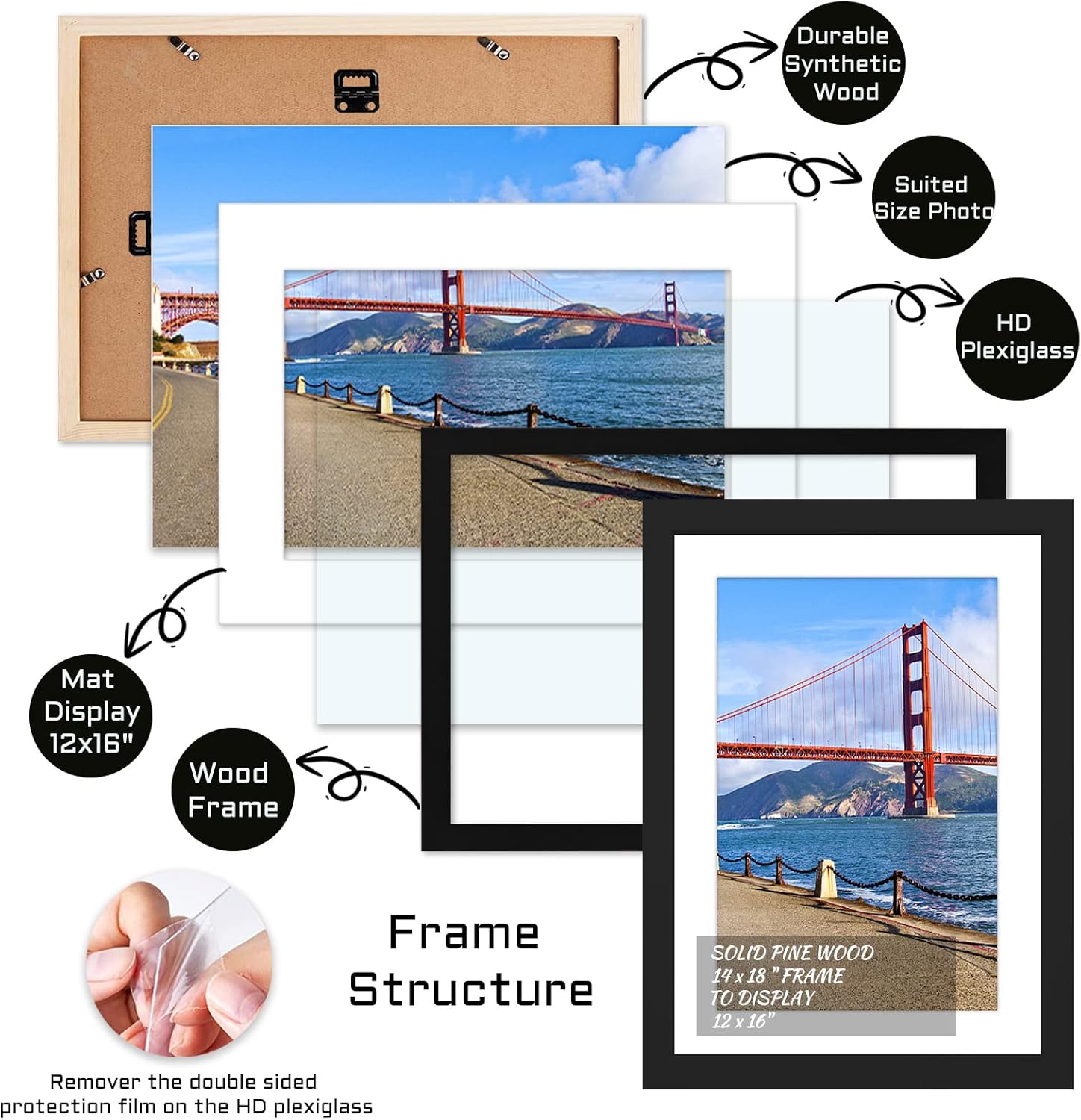 14x18 inch Wood Picture Frame for Wall Hanging Square Photo Frames with Mats 12x16 inch Pictures for Baby Scan,Poster,Decoration,Anniversary,Wedding,Christmas,Diamond Painting(Black)