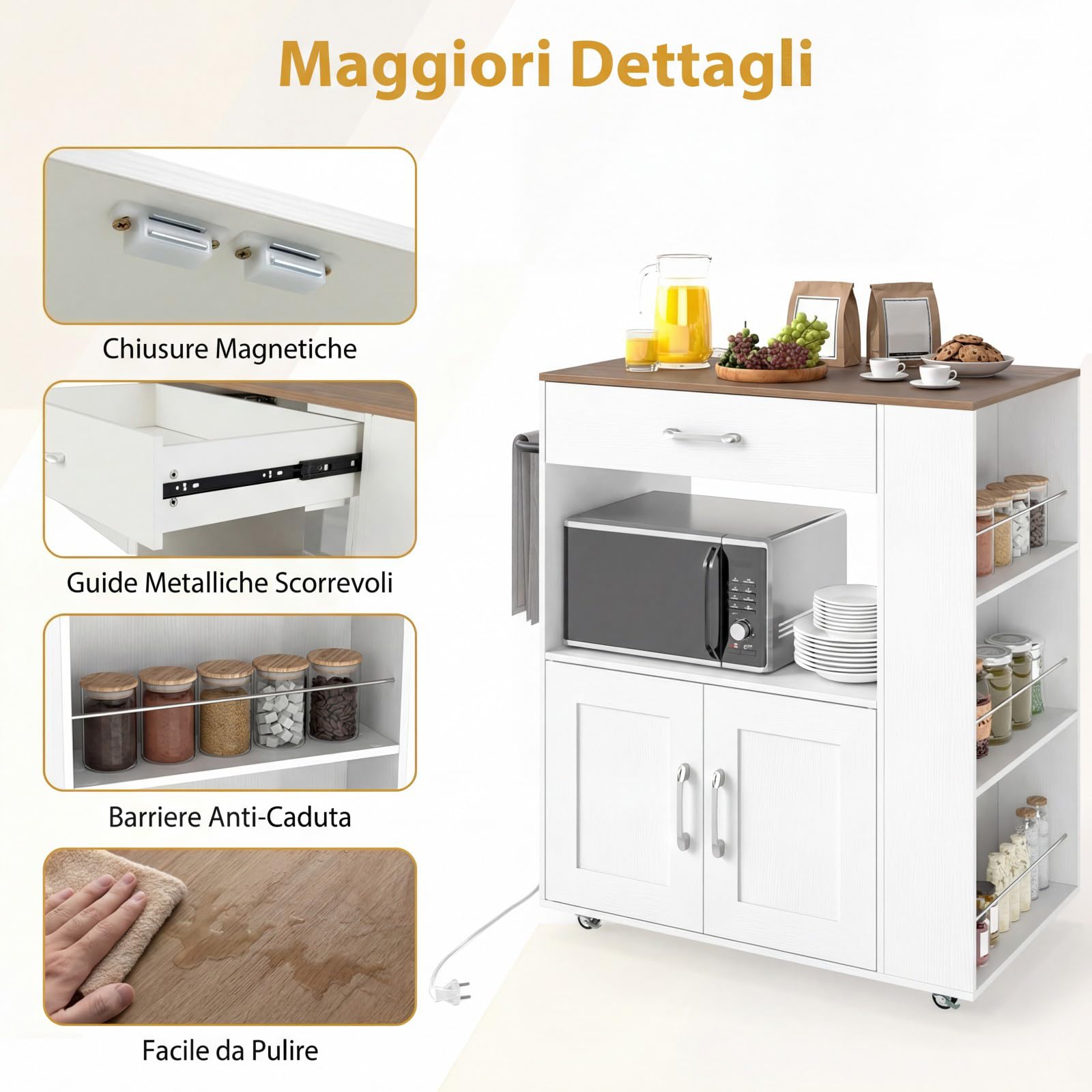 COSTWAY Carrello da Cucina con Ruote, Isola da Cucina con 3 Portaspezie 1 Cassetto Armadietto a 2 Porte, Carrello Portaoggetti con Portasciugamani, 82x46x92 cm (Bianco, con presa)