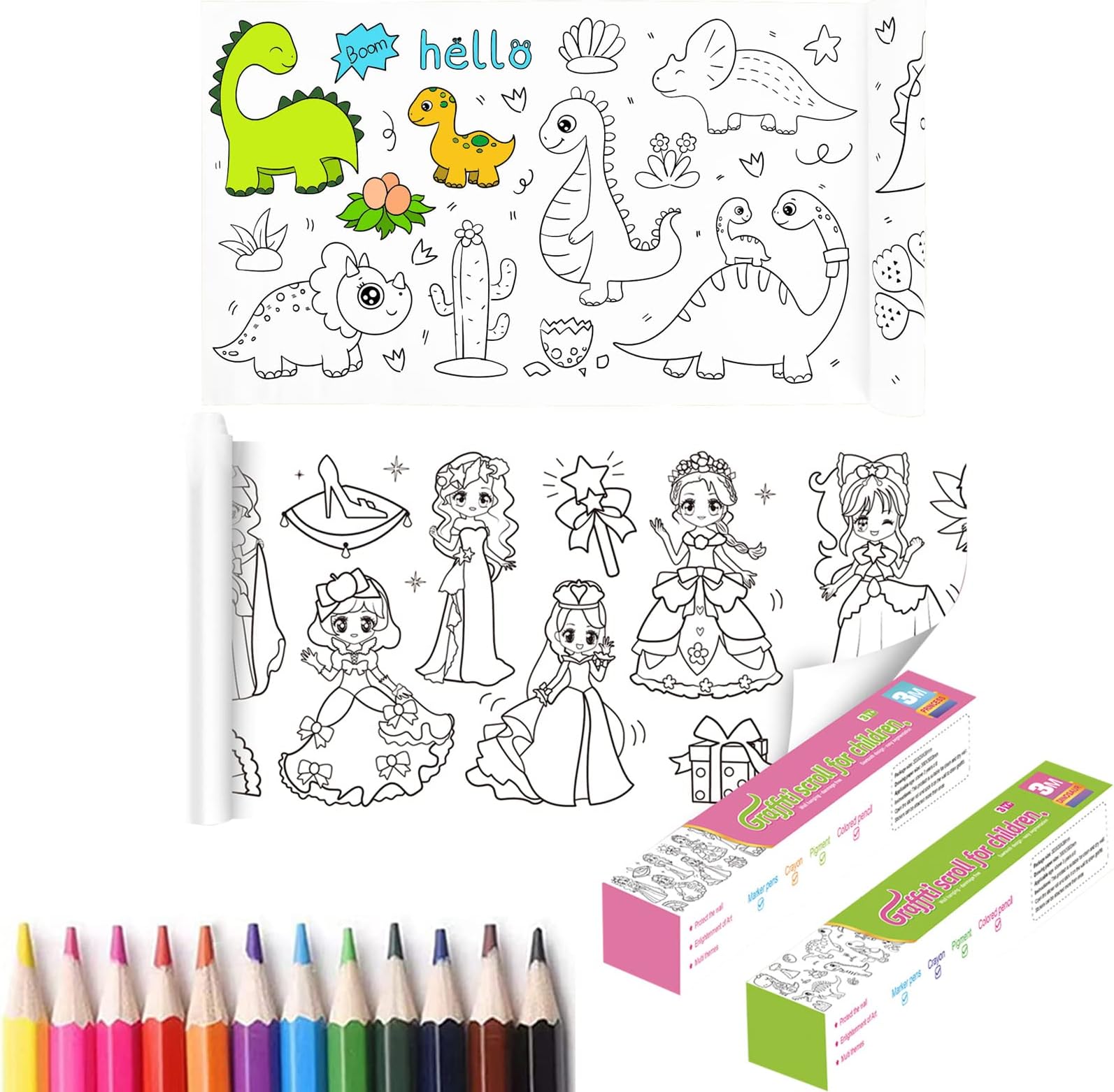 2PCS Childrens Drawing Roll,Drawing Roll Paper for Kids,Childrens Coloring Roll,Coloring Paper Roll for Kids,Drawing Roll Paper for Kids Sticky(Cute Princess+Dinosaur Paradise+12 Colored Pencils)