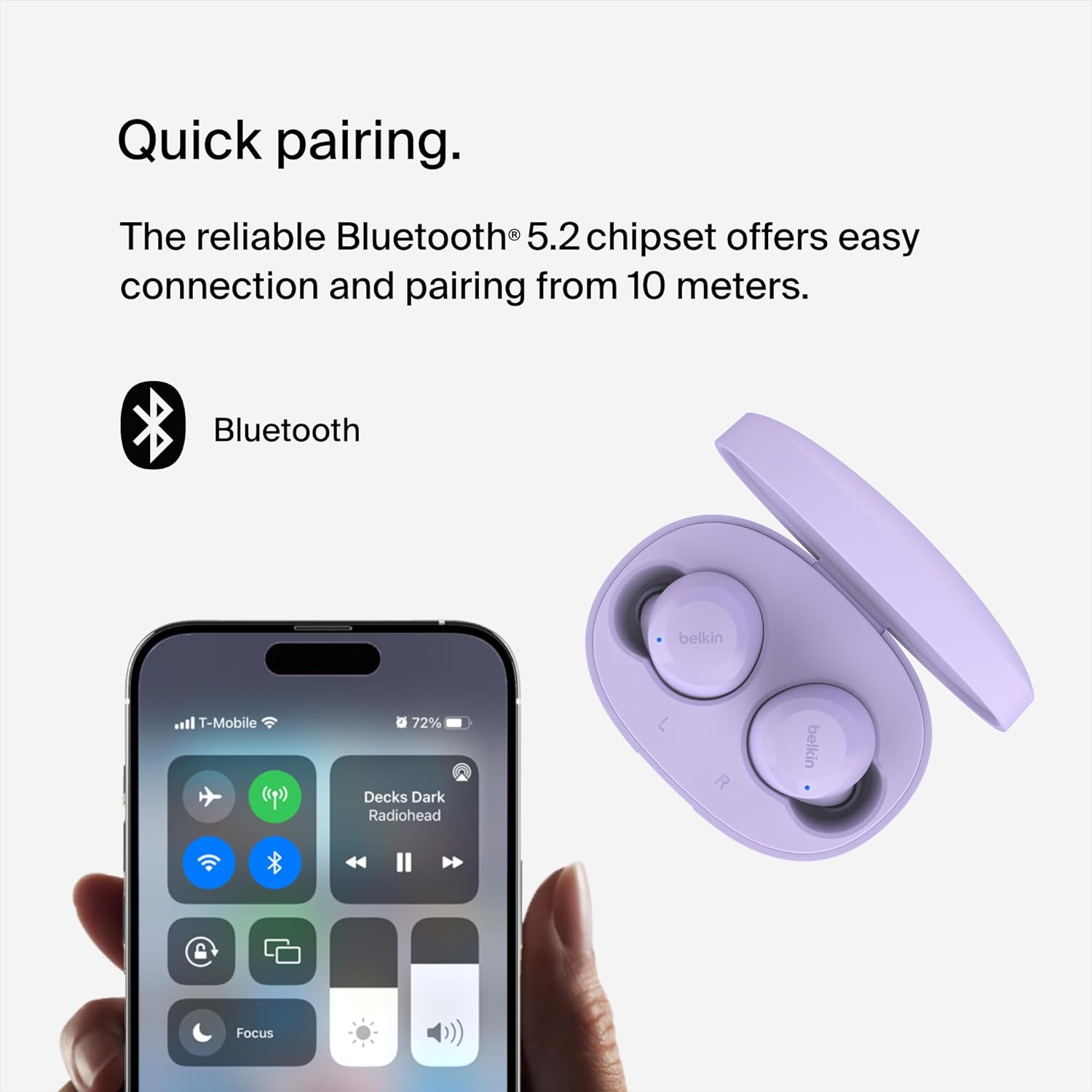 Belkin SoundForm Bolt earbuds in their lavender charging case next to a smartphone displaying Bluetooth connection settings.