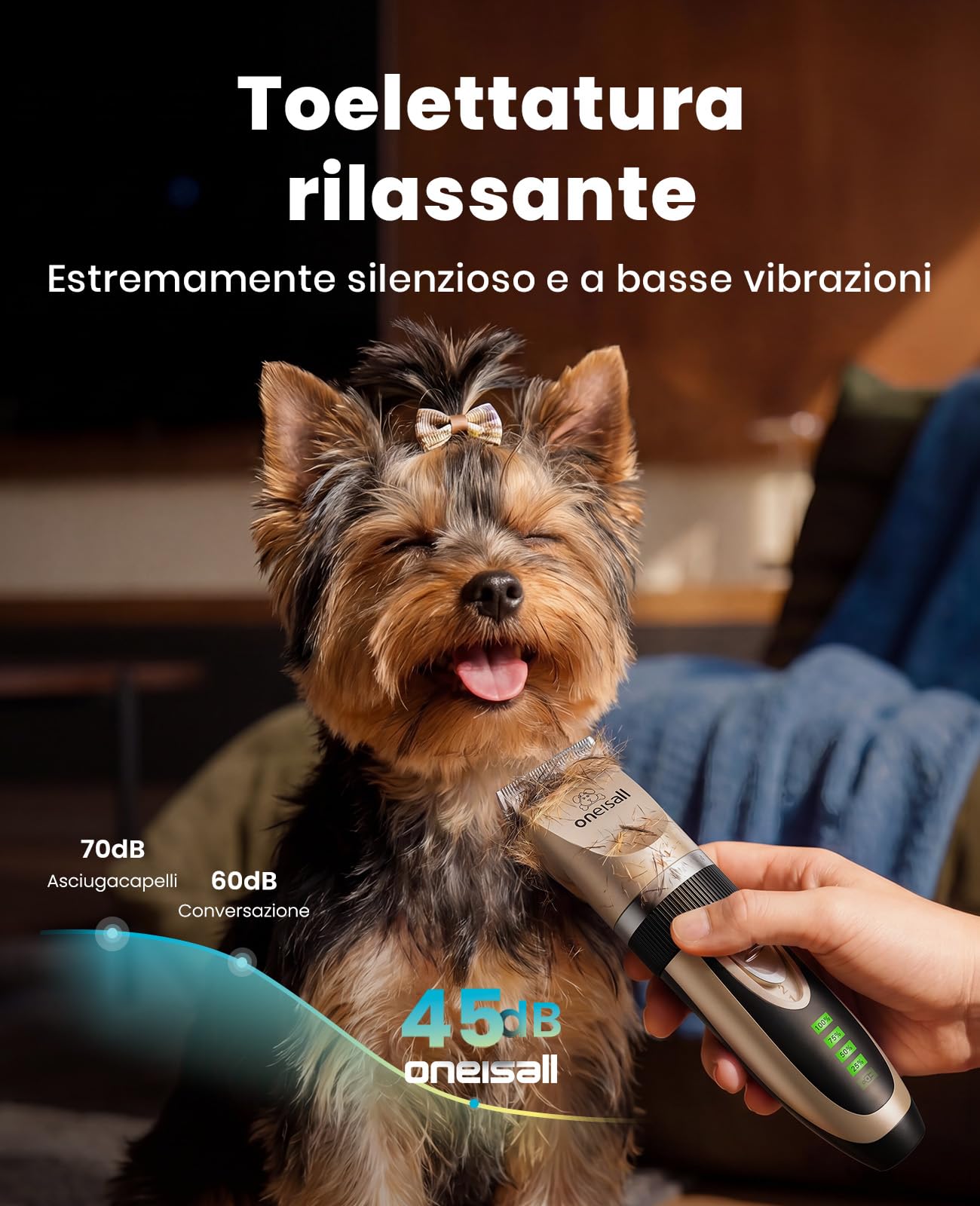oneisall: tosatrice silenziosa per cani, 2000 mAh, 4 ore di autonomia, per cani e gatti dal pelo folto, tosatrice per cani, tosatrice per animali domestici, rasoio per cani a pelo lungo (oro)
