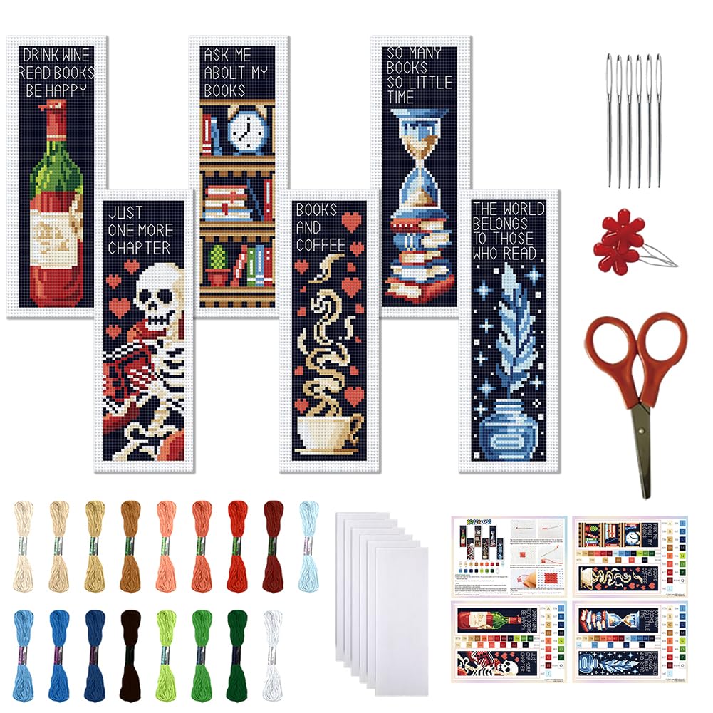 FREEBLOSS 6 Set 11CT Cross Stitch Bookmark Kit Dark Background 8"x2.4"