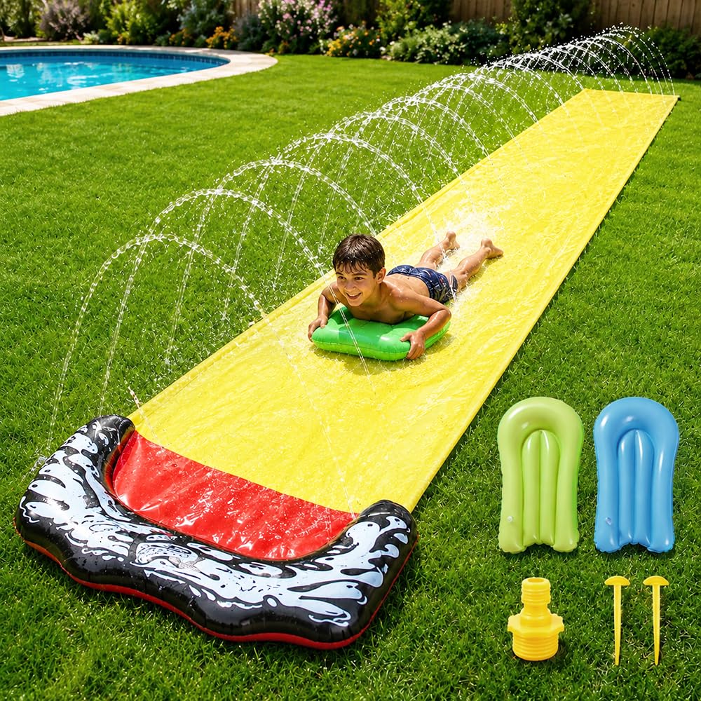 Afenau Water Slide Mat, 15.7ft/480cm Lawn Water Slides with 2 Bodyboard and Sprinkler, Single Lane, Waterslide Inflatable