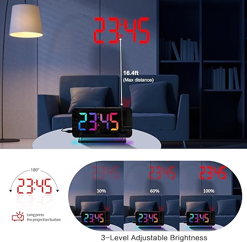 Miniatura 2 de Projection Alarm Clock for Bedroom Ceiling,RGB Digital Clocks Radio with 10 Colors RGB Night Light,Loud Alarm Clock for Heavy Sleepers,USB C Charger