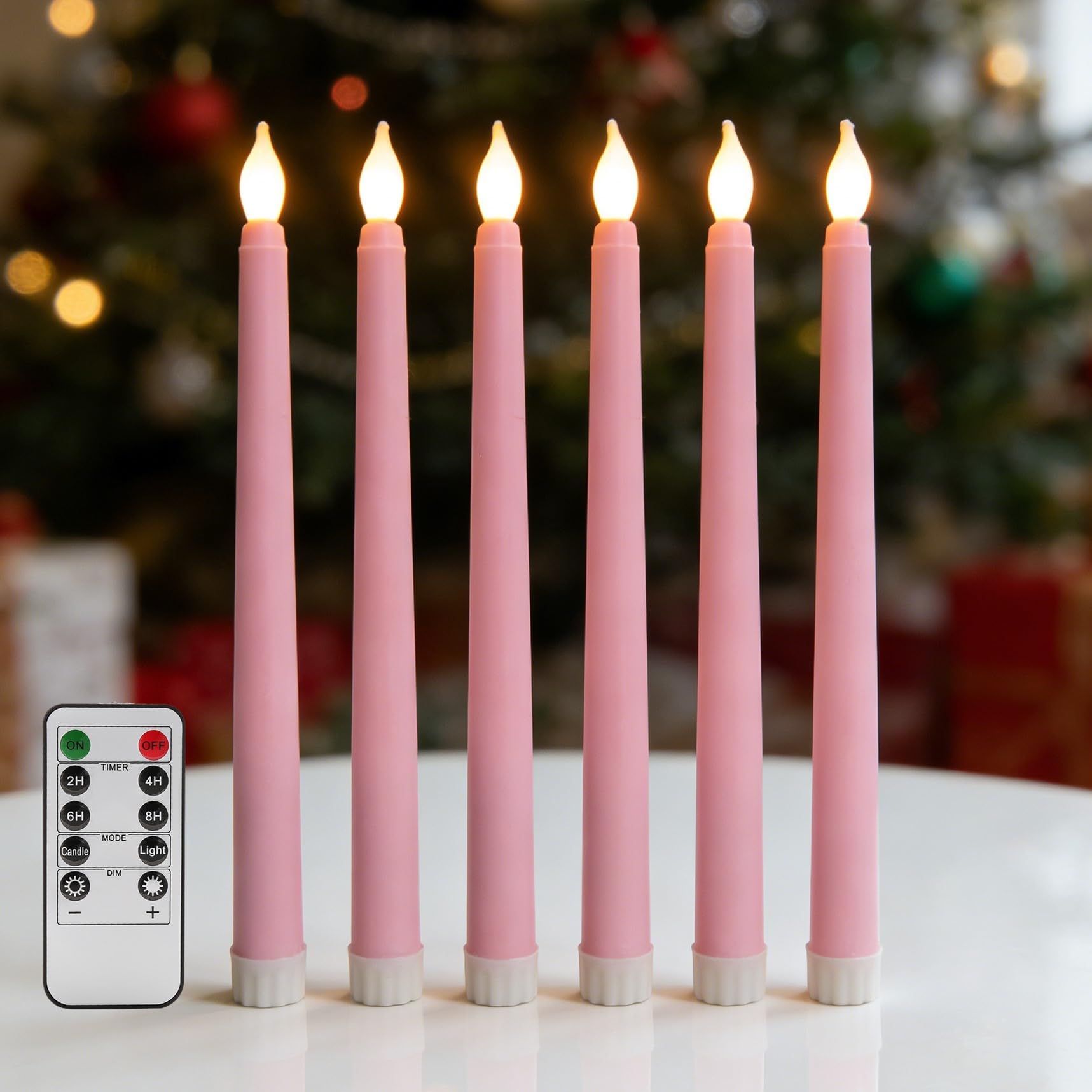Pink Flameless Taper Candles with Remote, Flickering Battery LED Candlesticks Spring Home Decor Set of 6