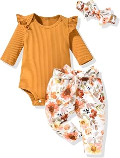 Aalizzwell Preemie Newborn Infant Baby Girls Clothes Ribbed Romper Bodysuit Pants Set Fall Winter Outfits