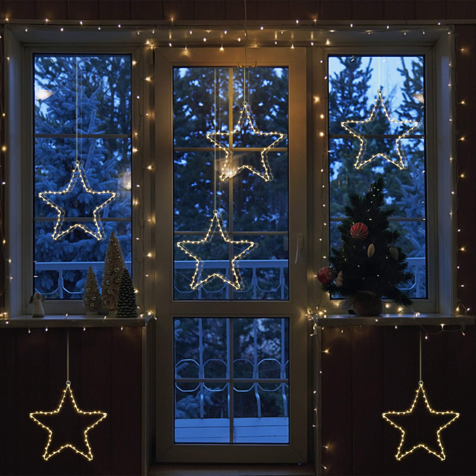 Litake LED Weihnachtsstern Beleuchtung, 6M 60 LED Jeder Stern Weihnachtslichter Stern Fensterdeko Weihnachtsdeko Batteriebetrieben Timer Warmweißen (5 Stk)