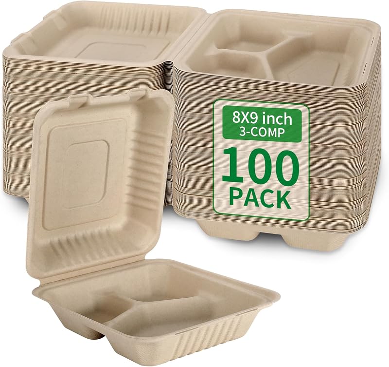 Aricsen Paquete de 100 recipientes desechables para alimentos con 3 compartimentos de 8 x 9 pulgadas | Contenedores de bagazo para llevar biodegradables, compostables y ecológicos, sin PFAS, ideales para preparar comidas, fiestas y picnic