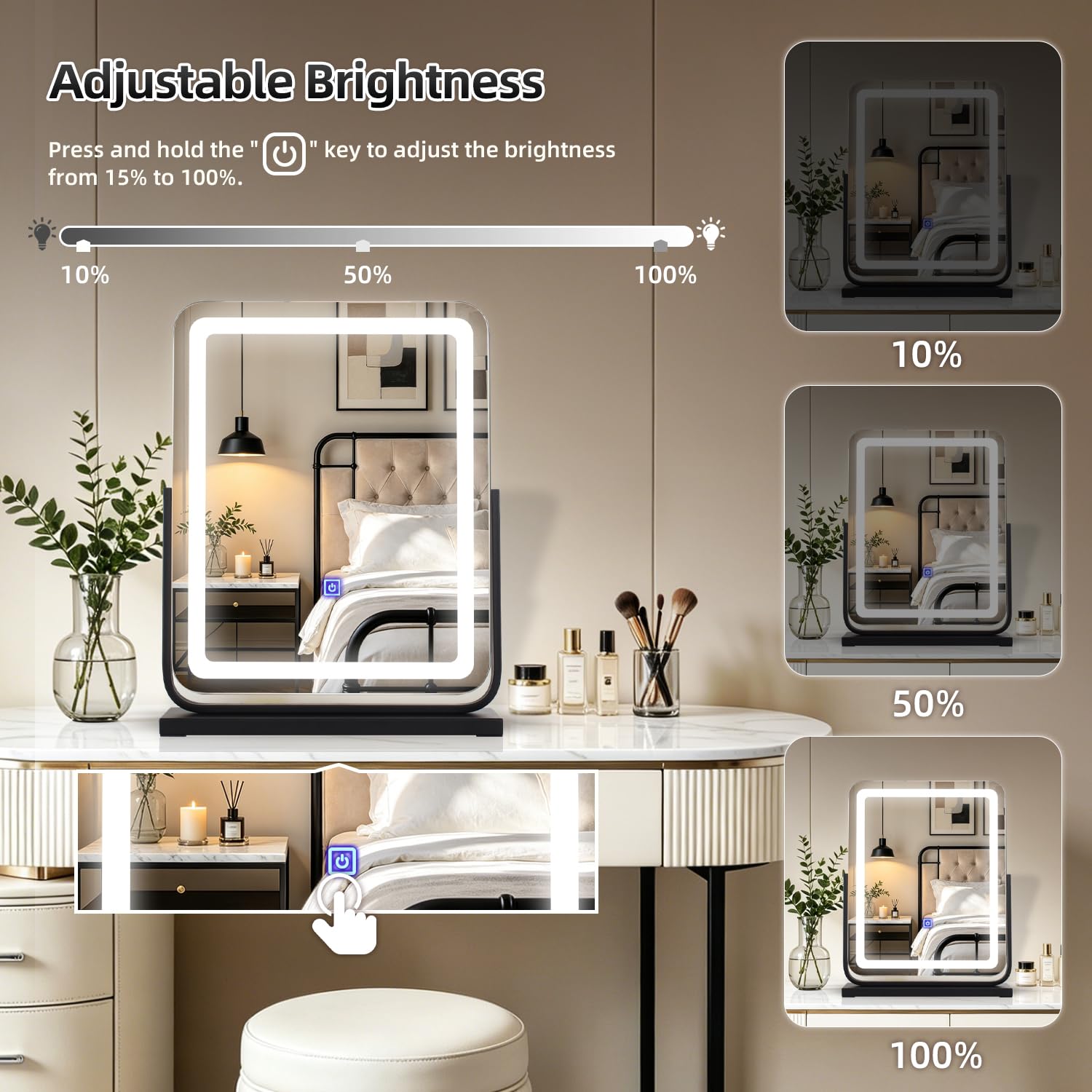 MantoLite Miroir de maquillage éclairé 40 cm pivotant 360° 3 couleurs commande tactile blanc