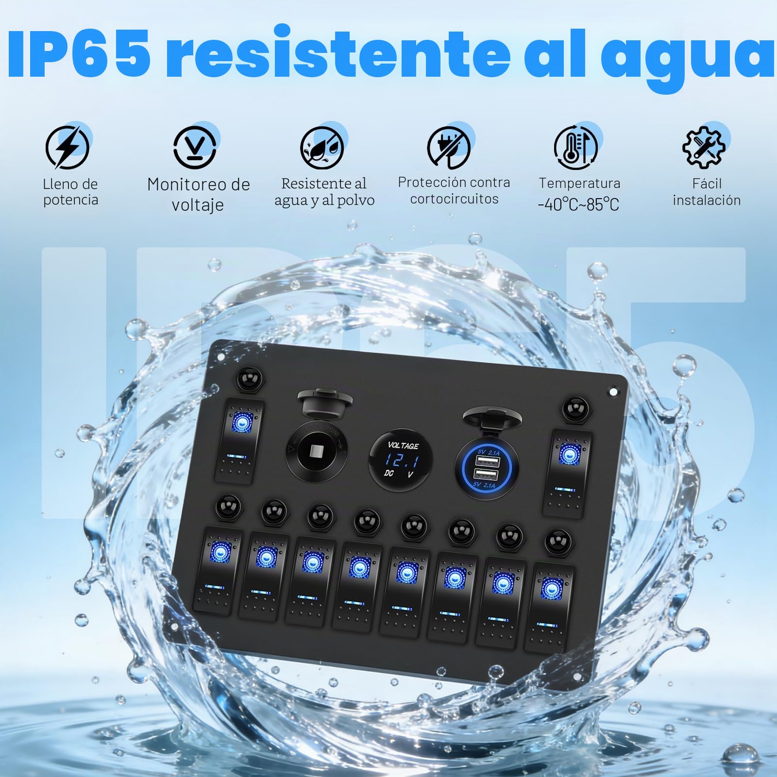 Geloo Panel de Interruptores 10Gang Impermeable Interruptor de Palanca 12V | con Interruptor Basculante, Disyuntor, Voltímetro, Toma de Encendedor, Cargador USB Doble para Barco Camper Coches Caravana