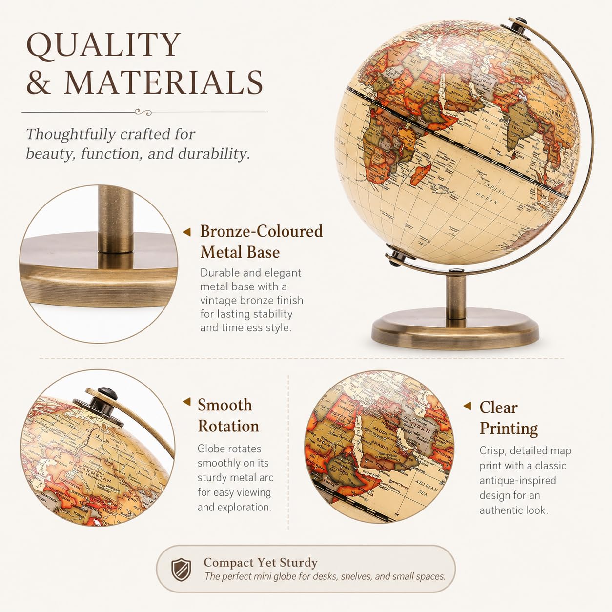 Exerz 14cm Antiker Globus- Englische Karte - Metallbasis Bronzierte Farbe - Pädagogische/geografische/moderne Schreibtischdekoration - für Schule, Zuhause und Büro