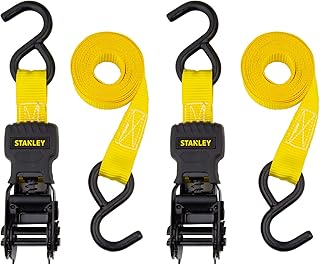 STANLEY S10002 Black/Yellow 1" x 10' Ratchet Tie Down Straps - 500 lb Safe Working Load / 1,500 lbs Break Strength, 2 Pack