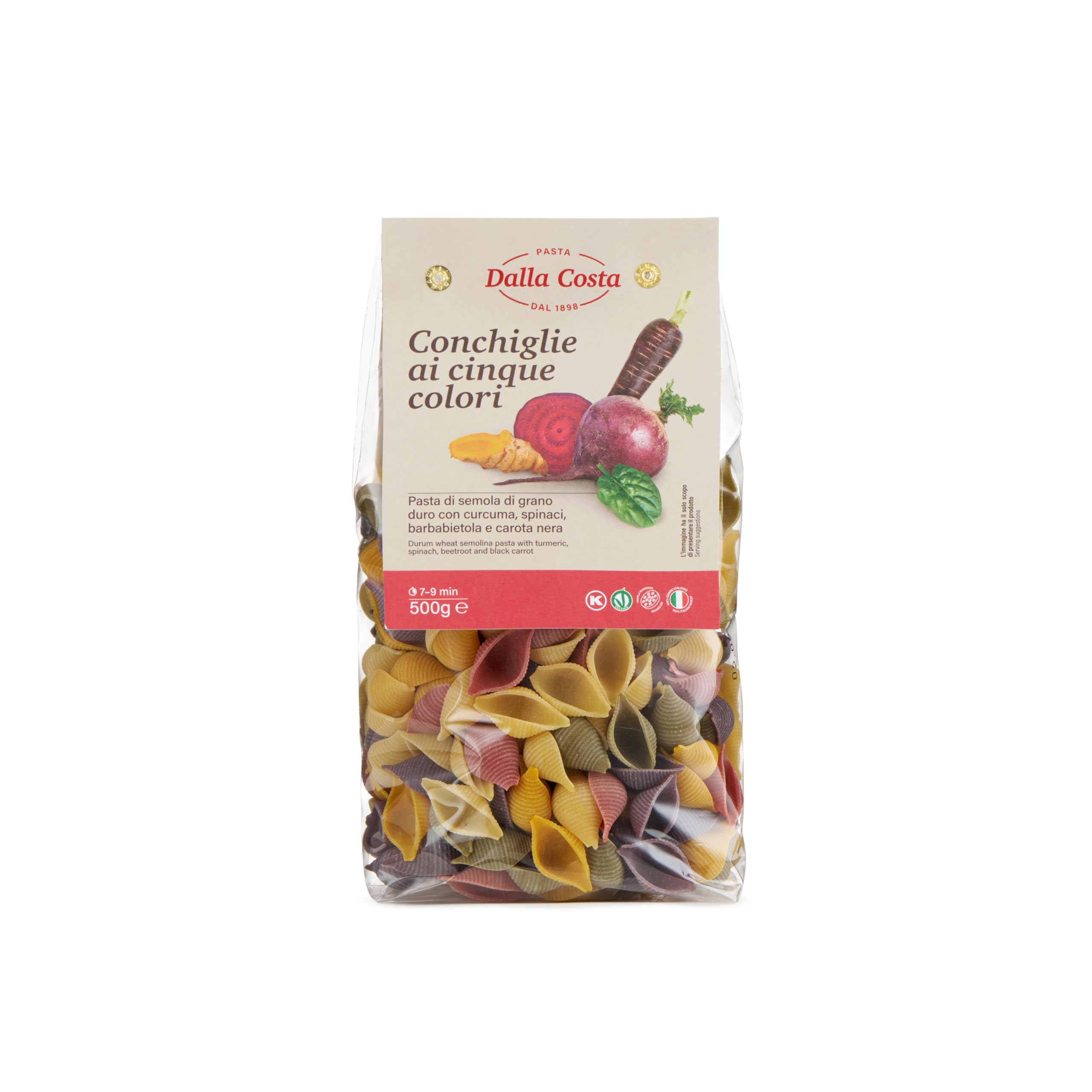 Dalla Costa Conchiglie 5 Colores con Cúrcuma, Espinacas, Remolacha y Zanahoria Negra. Made in Italy. Paquete Ahorro 12x500 gramos