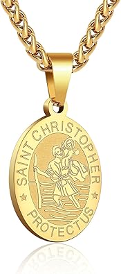 P. BLAKE Oval Saint Christopher/Michael/Joseph/Jude/Virgin Mary/Joseph/Francis/Patrick/Anthony/Benedict/Thomas Necklace for Men Women, Stainless Steel Catholic Patron Pendant with Chain 24 Inches
