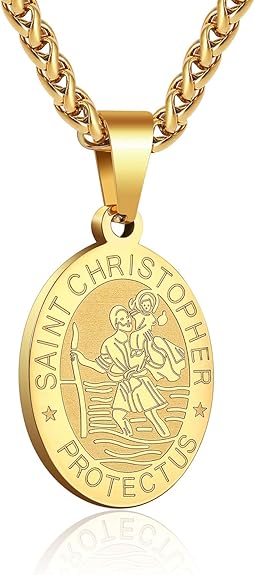 P. BLAKE Oval Saint Christopher/Michael/Joseph/Jude/Virgin Mary/Joseph/Francis/Patrick/Anthony/Benedict/Thomas Necklace for Men Women, Stainless Steel Catholic Patron Pendant with Chain 24 Inches