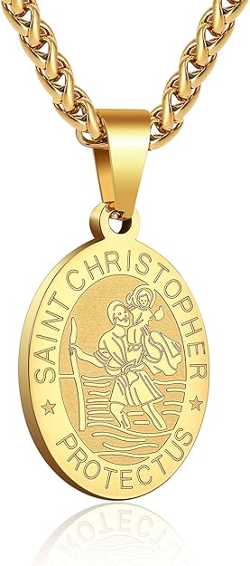 P. BLAKE Oval Saint Christopher/Michael/Joseph/Jude/Virgin Mary/Joseph/Francis/Patrick/Anthony/Benedict/Thomas Necklace for Men Women, Stainless Steel Catholic Patron Pendant with Chain 24 Inches