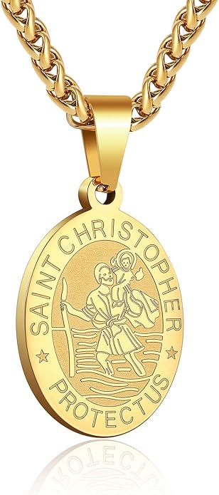 P. BLAKE Oval Saint Christopher/Michael/Joseph/Jude/Virgin Mary/Joseph/Francis/Patrick/Anthony/Benedict/Thomas Necklace for Men Women, Stainless Steel Catholic Patron Pendant with Chain 24 Inches
